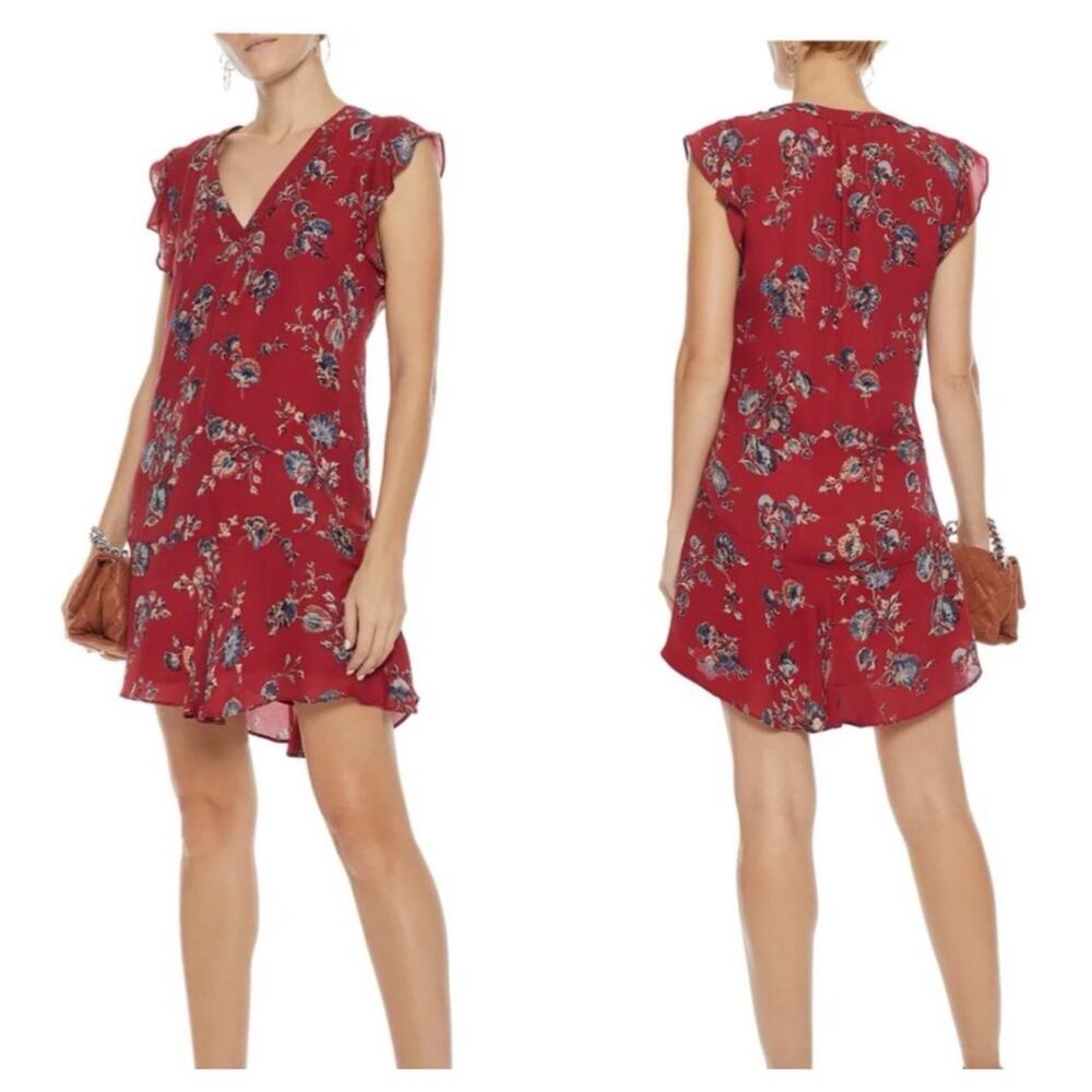 Joie Almarie B Red Floral 100% Silk Mini Dress Medium Georgette Drop Waist Boho